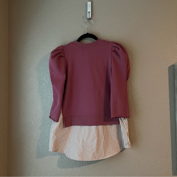 Maeve by Anthropologie Puff Sleeve Sweater Built in Oxford Stripe Shirt Size XXS - Picture 6 of 8